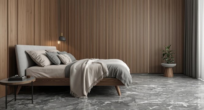 Stylish sleep room with grey marble floor and wooden bed frame side angle