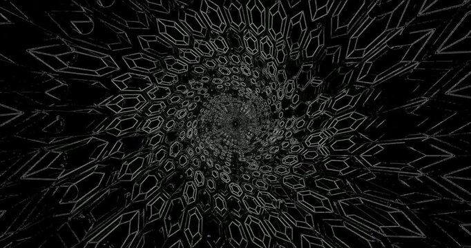 A bright tunnel made of neon lights stretches forward. The tunnel is full of geometric shapes and patterns. This is a continuous moving loop that creates a dynamic visual effect.