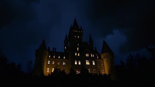 A gothic castle silhouetted against a dark, cloudy night sky, with lit windows