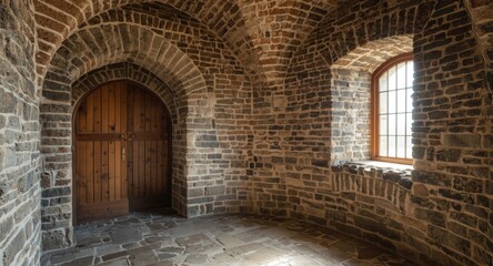 Stone and brick castle hall with wooden arch entrance and sunlight shining through barred window