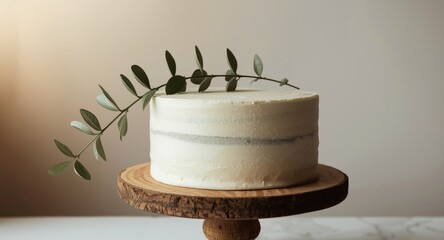 Unadorned white cake on a wooden cake stand garnished with eucalyptus leaves
