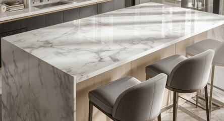 Modern kitchen design highlighting a marble countertop and elegant bar chairs