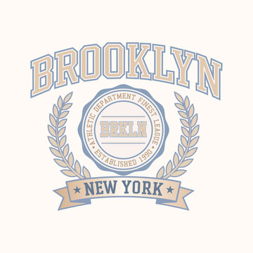 Vintage Brooklyn New York Athletic Department Illustration - Retro BRKLN Finest League Graphic with Laurel Wreath and Established 1990 Badge - Classic Collegiate Varsity Style Apparel T-Shirt Design.