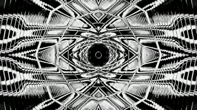 This video features a neon tunnel with fast moving black and white patterns creating a dynamic visual. The scene appears to be set in a digital space that captures attention with its motion.