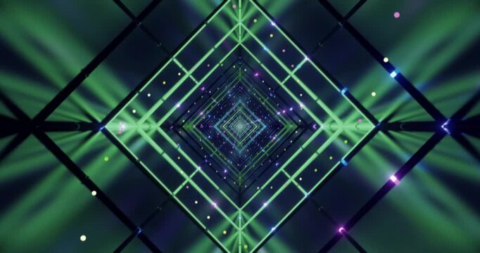 Bright neon lights create a tunnel effect with moving patterns in a vibrant display. This visual loop features colorful lights and geometric designs throughout the scene.