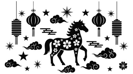 A horse with floral patterns surrounded by lanterns and stars