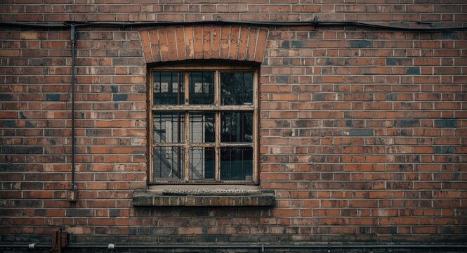 Technical room basement window small mounted in brick wall of multi storey building