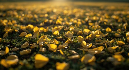 Obraz premium Sunlit terrain scattered with lively yellow petals from blooming flowers