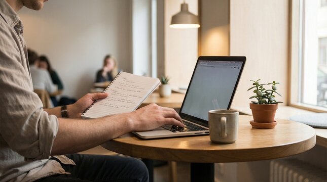 Man working on a laptop at a cafe table, reviewing documents and enjoying a coffee in a cozy atmosphere.