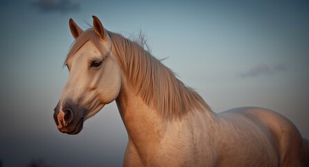 Obraz premium Portrait of a calm white horse with shining mane at golden hour