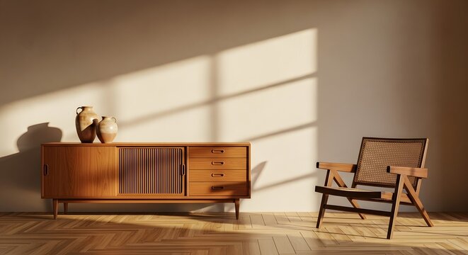 Mid century modern wooden sideboard and chair with vase decorations