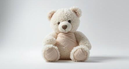 Obraz premium Fluffy bear toy with broken paw covered with fabric bandages on plain white backdrop