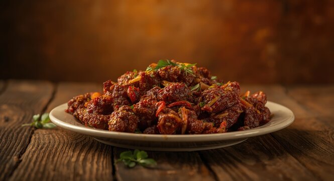 Deliciously spiced goat meat dry fry served hot with intense flavors
