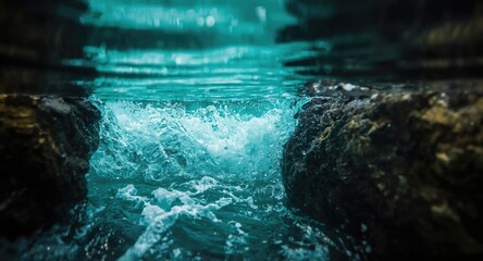 Obraz premium Intimate capture of bright turquoise water rolling past stone formations showing underwater vitality