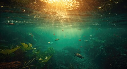 Fototapeta premium Underwater perspective of a forest river showcasing aquatic wildlife and lush plants with copyspace