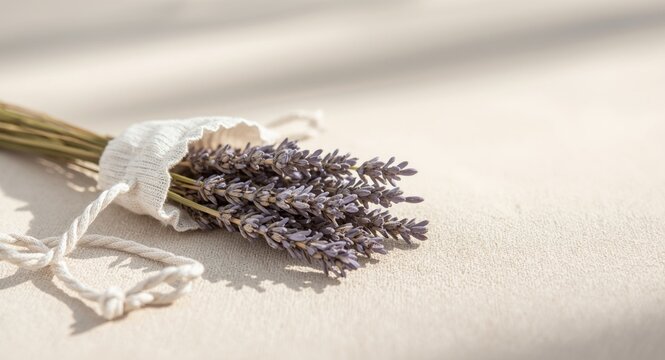 Elegant lavender buds placed in a pouch over a simple canvas backdrop with copy space