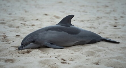 Obraz premium A sorrowful image of a dolphin resting on coastal sand with copy space