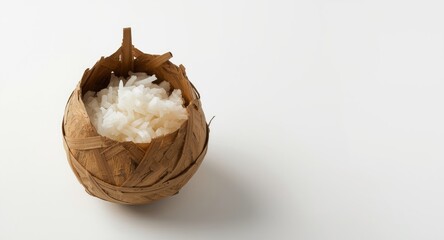 Woven young coconut leaf Ketupat Lebaran containing rice and steamed as traditional Eid food with copy space