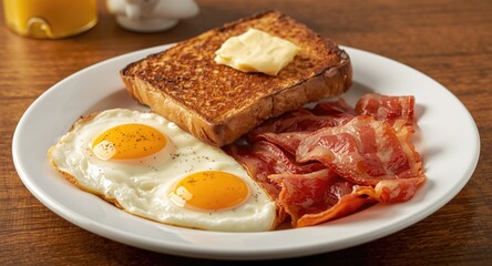 Breakfast platter showcasing bacon eggs and buttered toast