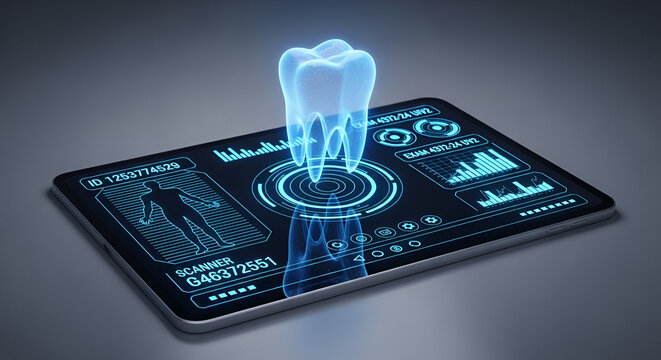 Futuristic dental scan on modern tablet with glowing tooth