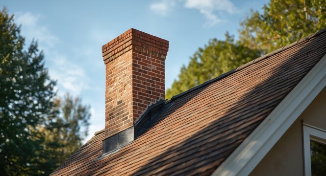 Quaint brick chimney atop a framed house illustrating enduring architectural beauty