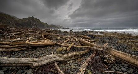 Fototapeta premium Tempestuous coastal environment displaying driftwood amid rough natural debris