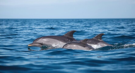 Fototapeta premium Playful dolphins moving near the calm blue ocean surface featuring copy space for design