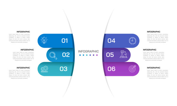 Modern corporate slide template with 6 options. Banners and a strategic business plan. Vector illustration.