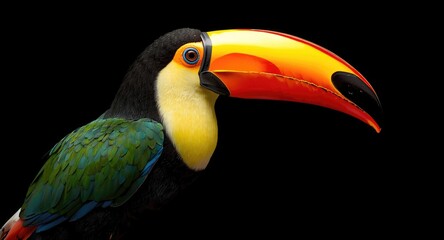 Fototapeta premium Portrait of a tropical toucan with big curved beak isolated on solid black background