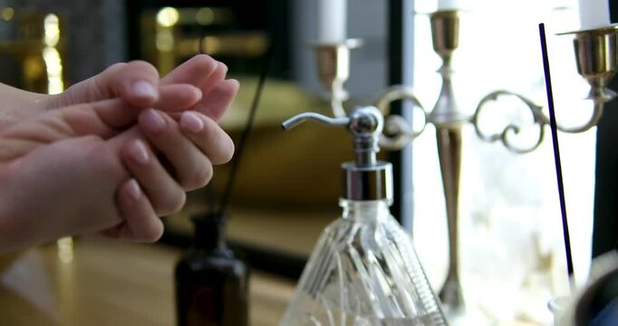 Hand Pumping Liquid Soap Or Sanitizer Dispenser. Personal Hygiene Routine, Washing Hands To Prevent Germs, Health Wellness Practice, Using Hand Soap Pump Bottle. Disinfection Process, Daily Hygiene