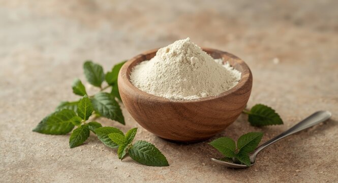 Natural stevioside powder sweetener in a wooden bowl with stevia leaf extract