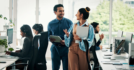 Call center, paperwork or people with tablet walking, customer service or telemarketing discussion. Sales script, teamwork or managers plan for lead generation ideas, talk or digital outbound offer