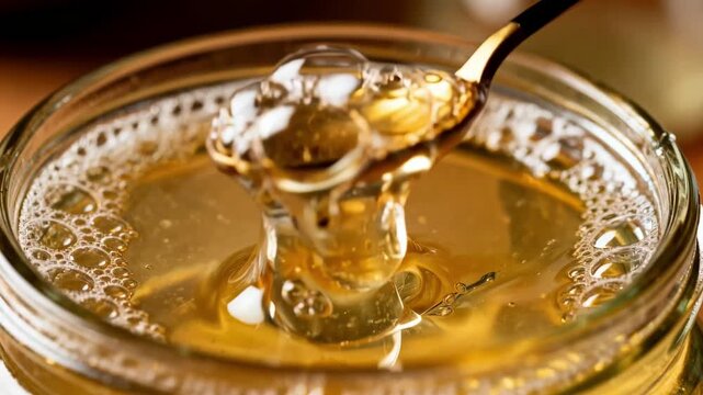 Ladle handle gently skimming the liquid surface inside a jar bubbles rising steadily emphasizing careful bubble removal in kitchen or experimental settings.