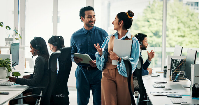 Call center, paperwork or people with tablet walking, customer service or telemarketing discussion. Sales script, teamwork or managers plan for lead generation ideas, talk or digital outbound offer