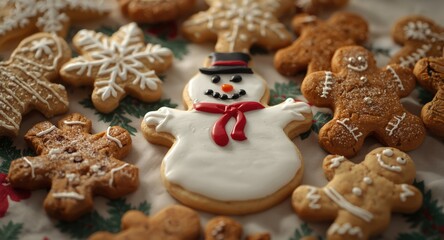 Fototapeta premium Festive snowman cookie surrounded by assorted holiday cookies