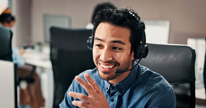 Call center, happy or man in office with headset, contact us or communication in customer service. Smile, coworking or consultant in agency with tech, advisory or telecom in client assistance.