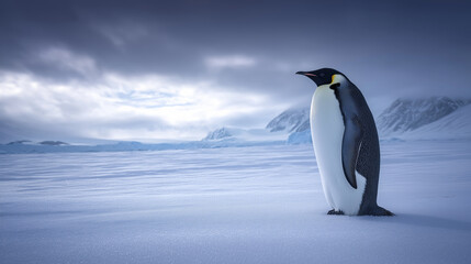 Obraz premium Emperor penguin standing alone on snowy Antarctic landscape with icy mountains in background.