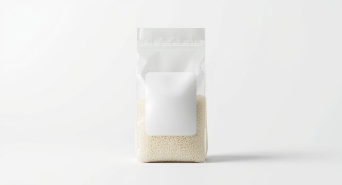 Minimal clear rice bag packaging mockup with plain label on white background
