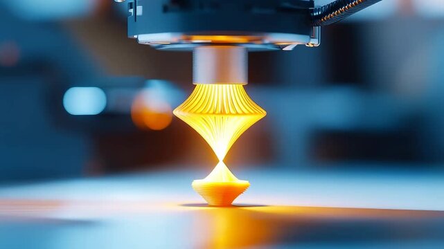 3d printer nozzle depositing glowing filament on build plate creating layered hourglass shape in modern laboratory for additive manufacturing prototyping