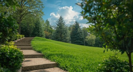 Fototapeta premium Natural landscape featuring concrete stairway up to a thriving green lawn framed by leafy trees and bushes