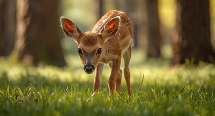 Curious juvenile roe deer nibbling grass in a warm and bright woodland
