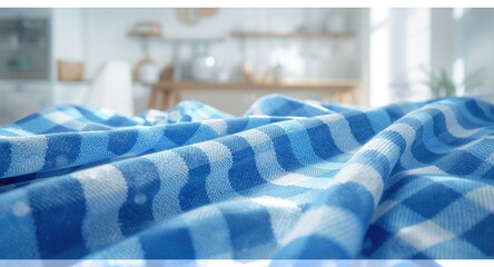 Fototapeta premium Checkered tartan plaid woven fabric texture in blue and white for kitchen towel linen material background