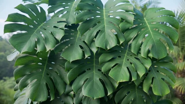 Lush green Monstera Deliciosa plant leaves swaying gently in a tropical breeze.