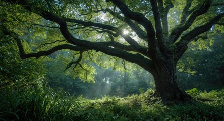 Fototapeta premium Lush green forest with a tree exhibiting many intertwined branches extending outward