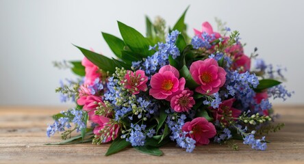 Obraz premium A cheerful arrangement of bright flowers in pink and blue colors stacked on a table focusing on lush leaves and delicate petals
