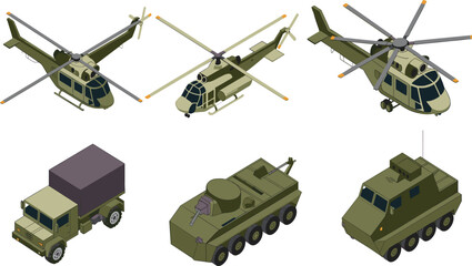 Isometric military transport vehicle vector set, including helicopters, army trucks, tanks, and armored tactical combat carriers © Majnur