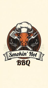 Smokin Hot BBQ Logo - A Culinary Delight with a Bull Chef.