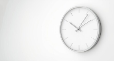 Minimalistic clock showing daytime hours on white background offering clear copy space for design
