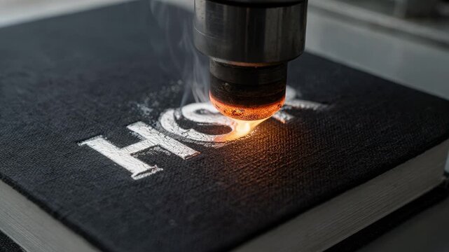 Silver foil stamping on a hardcover surface captured midpress with the heated die creating a raised metallic imprint while background elements remain blurred.