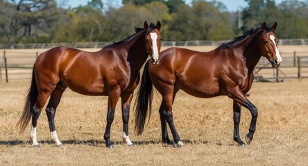 Fototapeta premium Radiant American Quarter horses showcasing full length figures on dry grass